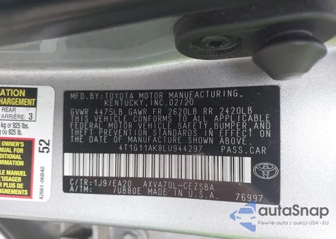 2020 Toyota Camry Se z USA, uszkodzony, nr VIN 4T1G11AK8LU944297
